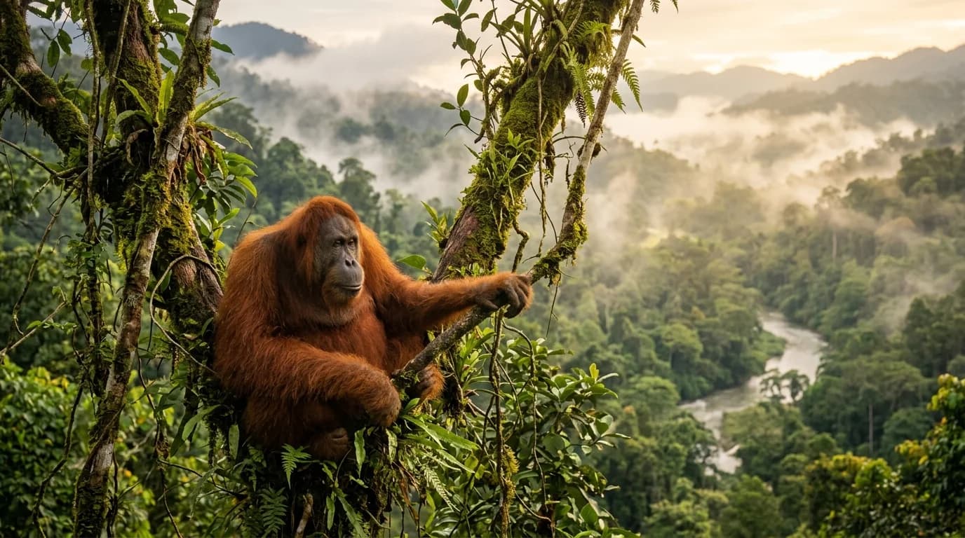 Wild Sumatran orangutan overlooking misty rainforest valley and river in Gunung Leuser National Park