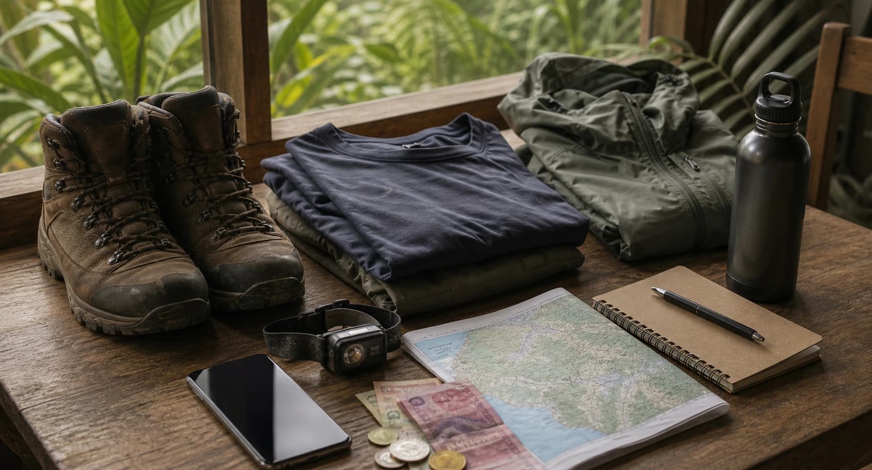 Trekking boots and packing essentials laid out for a Bukit Lawang jungle trip