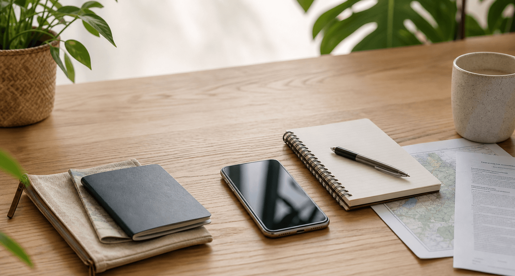 Travel documents and planning items on a desk for a privacy policy page