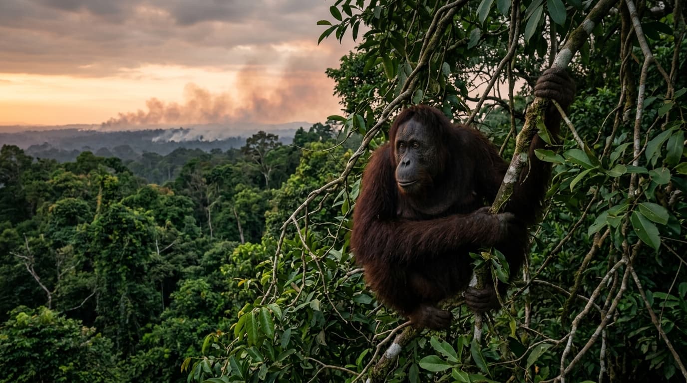 Orang-outan sauvage de Sumatra dans la canopée du Gunung Leuser observant une brume lointaine d'incendies de tourbières