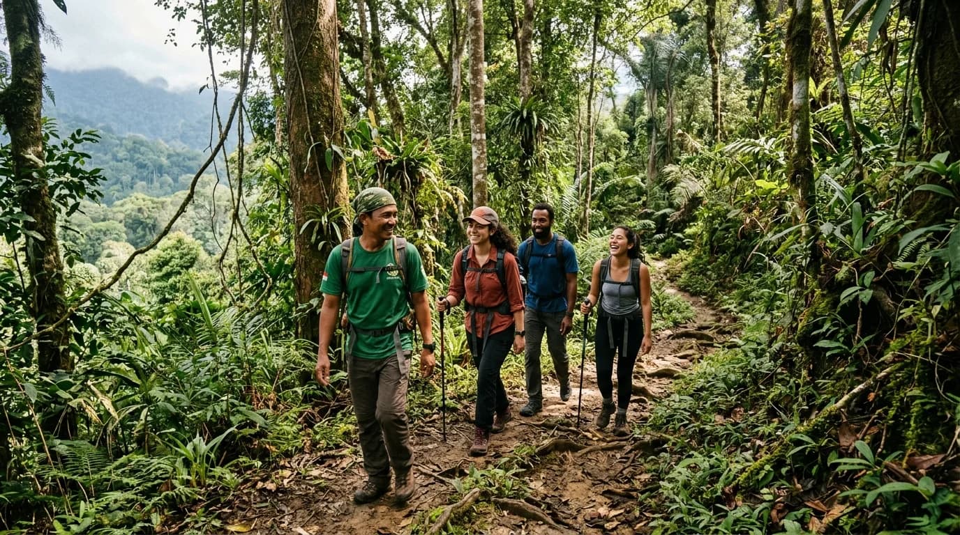Small group of hikers and local guide trekking along a rainforest mountain ridge in Bukit Lawang