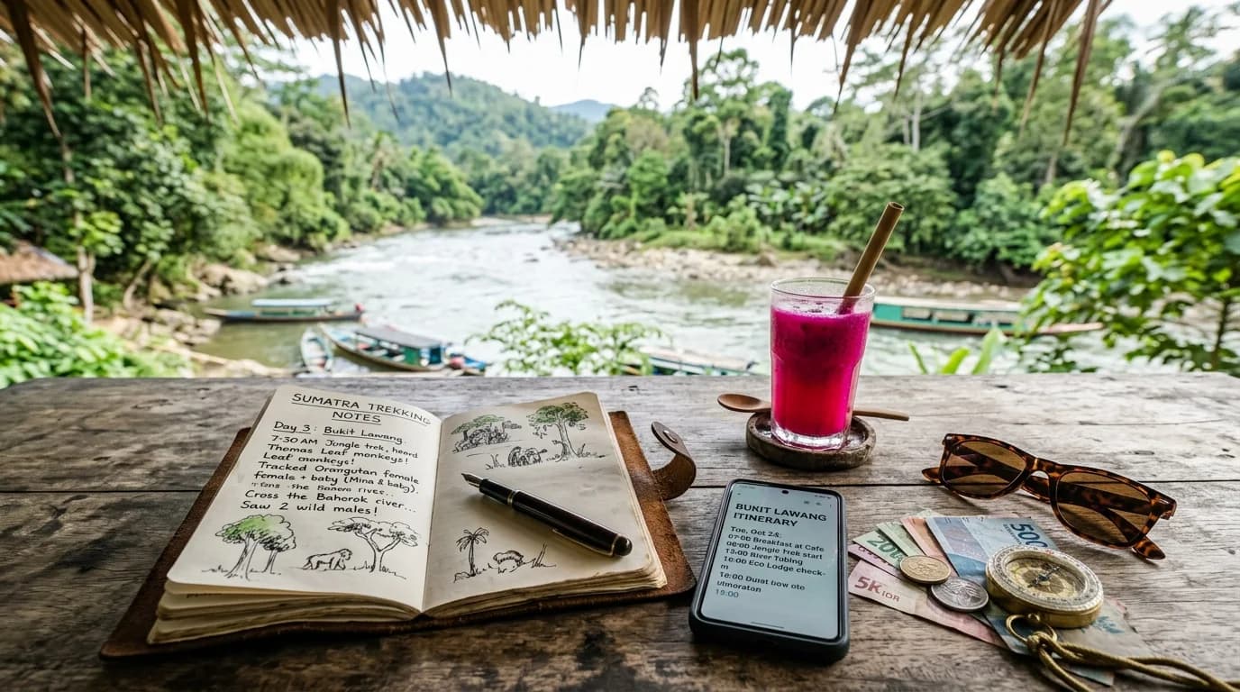 Travel planning journal, itinerary notes, and booking deposit details on a riverside cafe table in Bukit Lawang