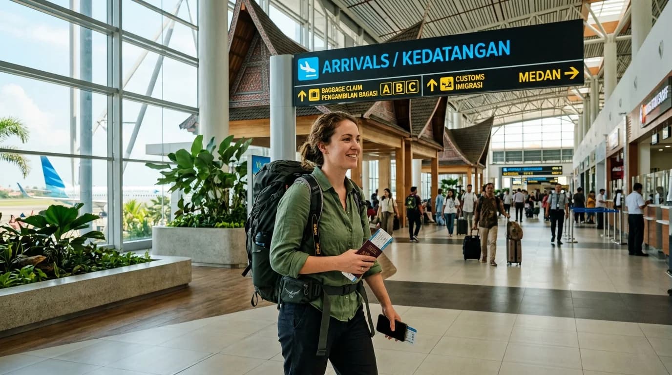International traveler arriving at Kualanamu International Airport Medan with passport and e-VOA entry documents